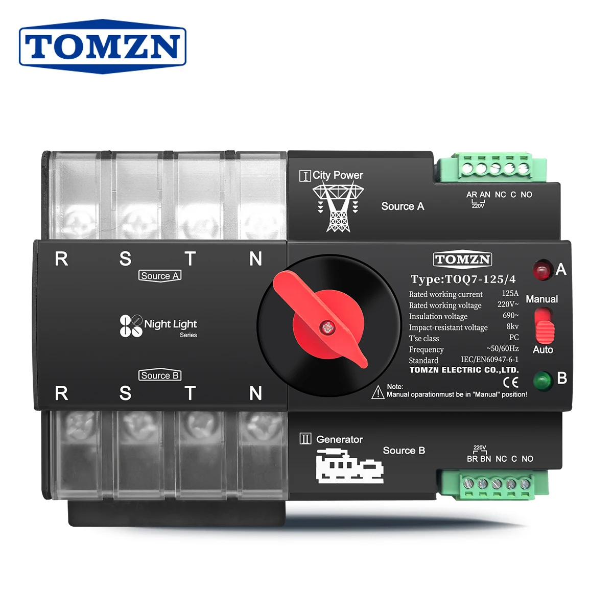 

TOMZN Din Rail 3 phase ATS 4P 63A 100A 125A 220V 230V Dual Power Automatic Transfer Electrical Selector Switch Uninterrupted