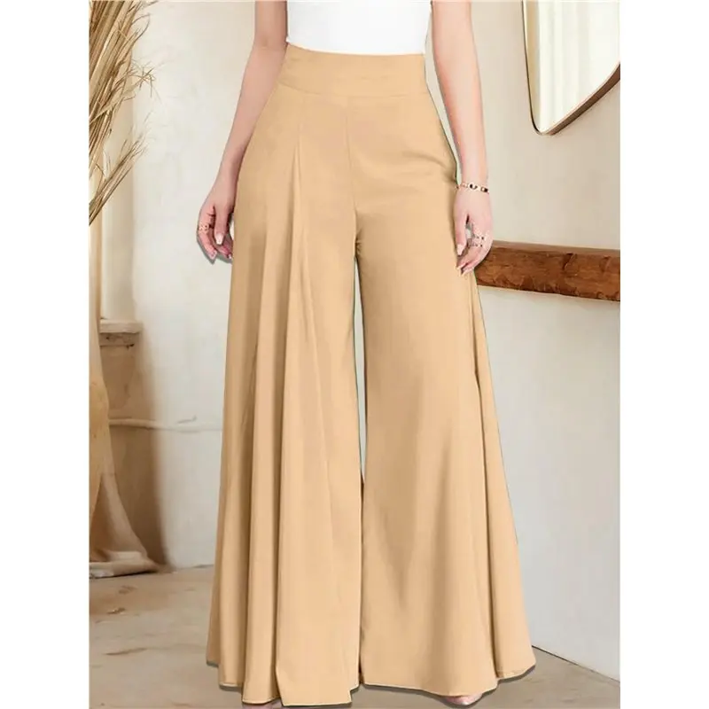 Cyl-calças femininas de pernas largas, elegantes, casuais, elásticas, cintura alta, palazzo, trabalho, escritório, negócios, lounge, cáqui s