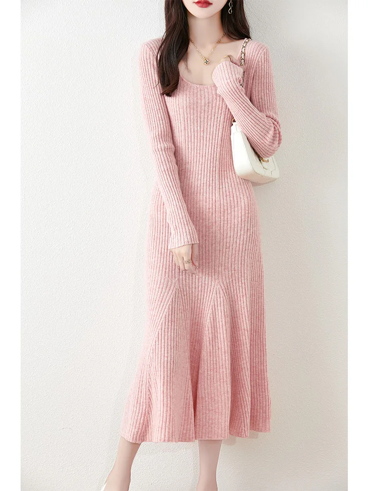 

Women's Pure Wool Knitted Dress, U-Neck, Fishtail Skirt, Striped, Casual, Fashionable, Warm, 2024 Autumn/Winter,