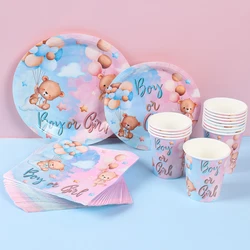 Teddy Bear Gender Reveals Baby Shower Disposable Tableware Sets Pink Blue Napkin Plate Boy or Girl Happy Birthday Party Suppli
