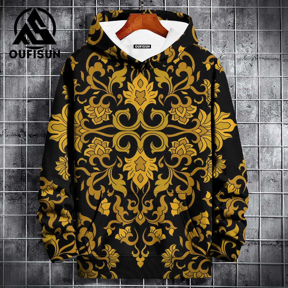 

Vintage Hoodies For Men 3d Metallic Floral Print High-Quality Men's Clothing Loose Oversized Pullover Street Harajuku Sportswear