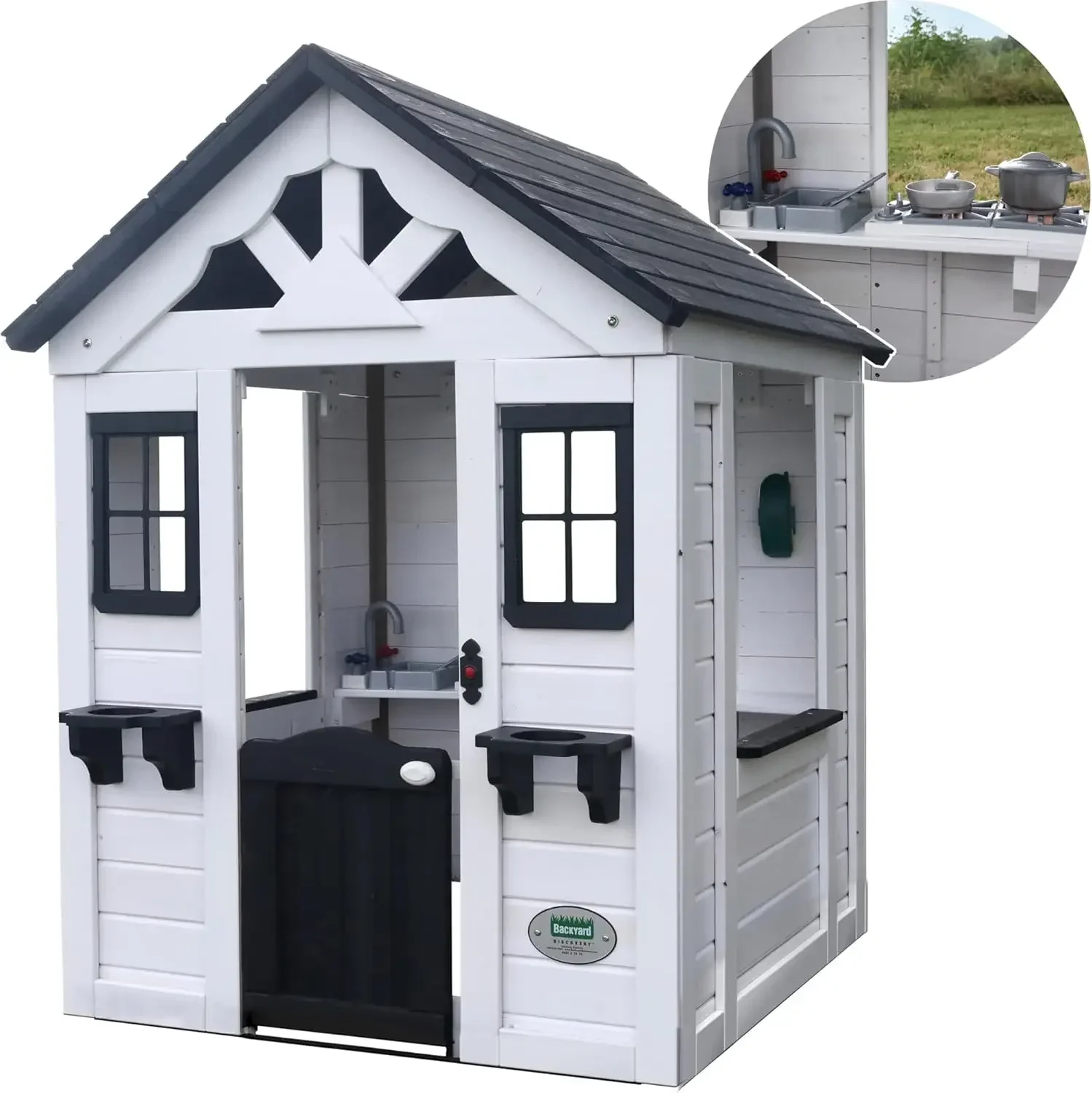 home.All White Modern Outdoor Wooden Playhouse, Cottage, Sink, Stove, Windows, Kitchen with Pot and Pans and Utensils