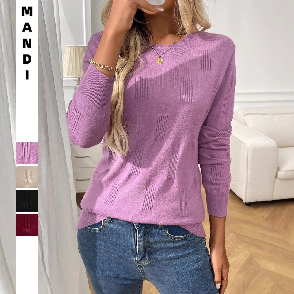 2026 Pull En Maille Femme Spring Summer Round Neck Long Sleeved Versatile Pullover For Women Knitted Solid Color New Sweater Top