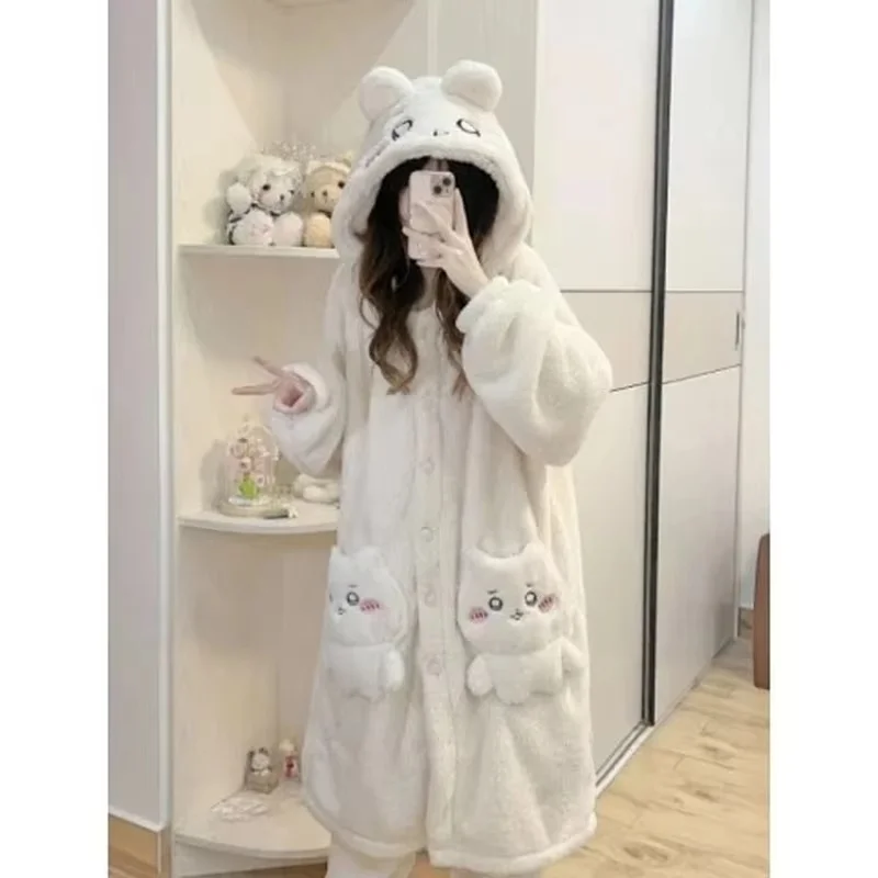 M-Xxl Miniso Chiikawa Coral Velvet Pajama Women'S Autumn And Winter New Cute Hooded Plush Pajama Sleeping Pants Home Sets ﻿