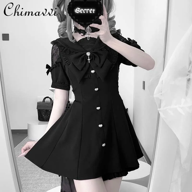 Vestido de manga corta con empalme de encaje producido en masa, Top + Pantalones cortos con cuello de marinero japonés, conjunto de Lolita de dos piezas