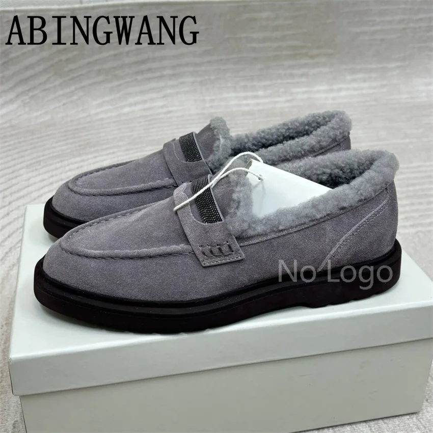 الجلد المدبوغ داخل الفراء الشقق المتسكعون للنساء الانزلاق على المدرج السيدات مكتب الأحذية 2025 الخريف الشتاء كسول أحذية النساء أحذية دافئة #5