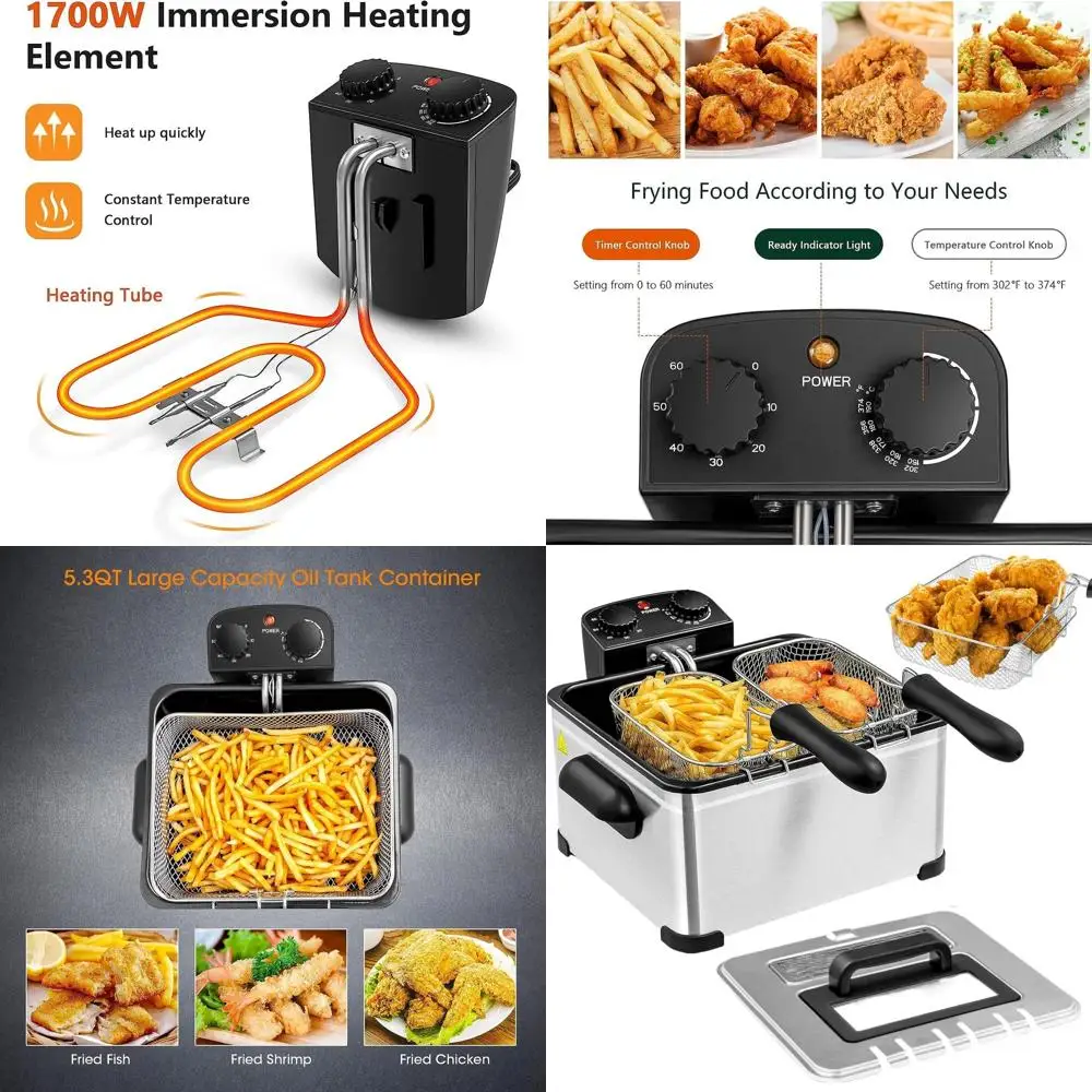 

Электрическая фритюрница из нержавеющей стали 1700 Вт 5,3QT с корзиной, таймером и контролем температуры для домашней кулинарии
