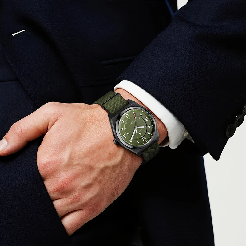 ساعة كوارتز رياضية للرجال من SAPPHERO طراز عسكري بمينا أخضر وعرض التاريخ وحزام جديلة 5ATM مقاومة للماء هدية للرجال #4