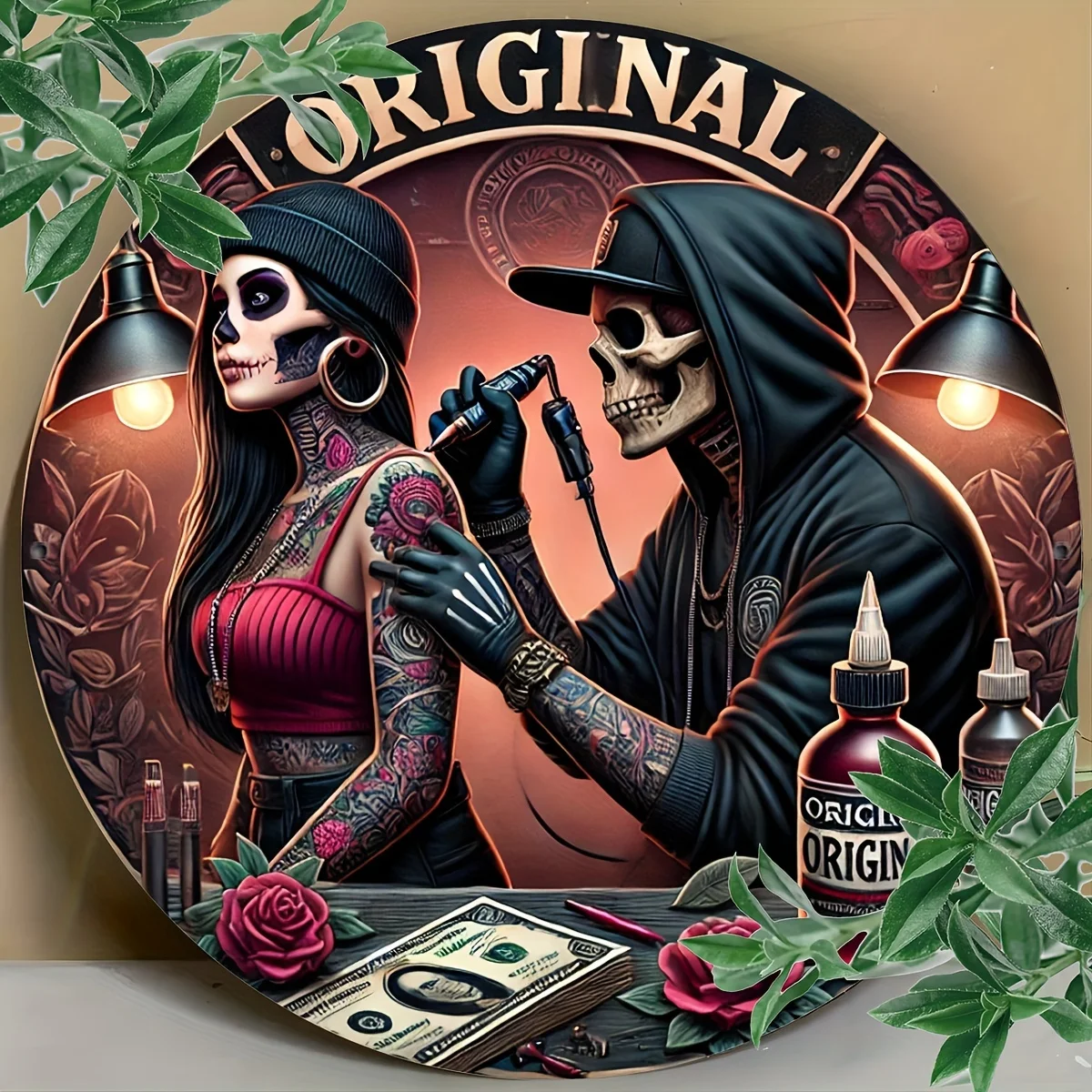 Vintage-Schädel-Tattoo-Künstler-Wandkunst aus Aluminium – Metall-Dekorschild mit Tag der Toten für Schlafzimmer, Küche, einfaches Aufhängen