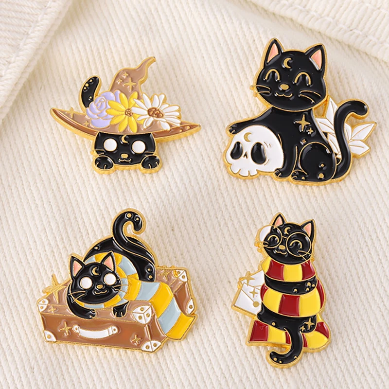 Broche bonito do gato preto, Lua delicada, Broche de animal, Broche de gato branco, Punk Pin, Casal