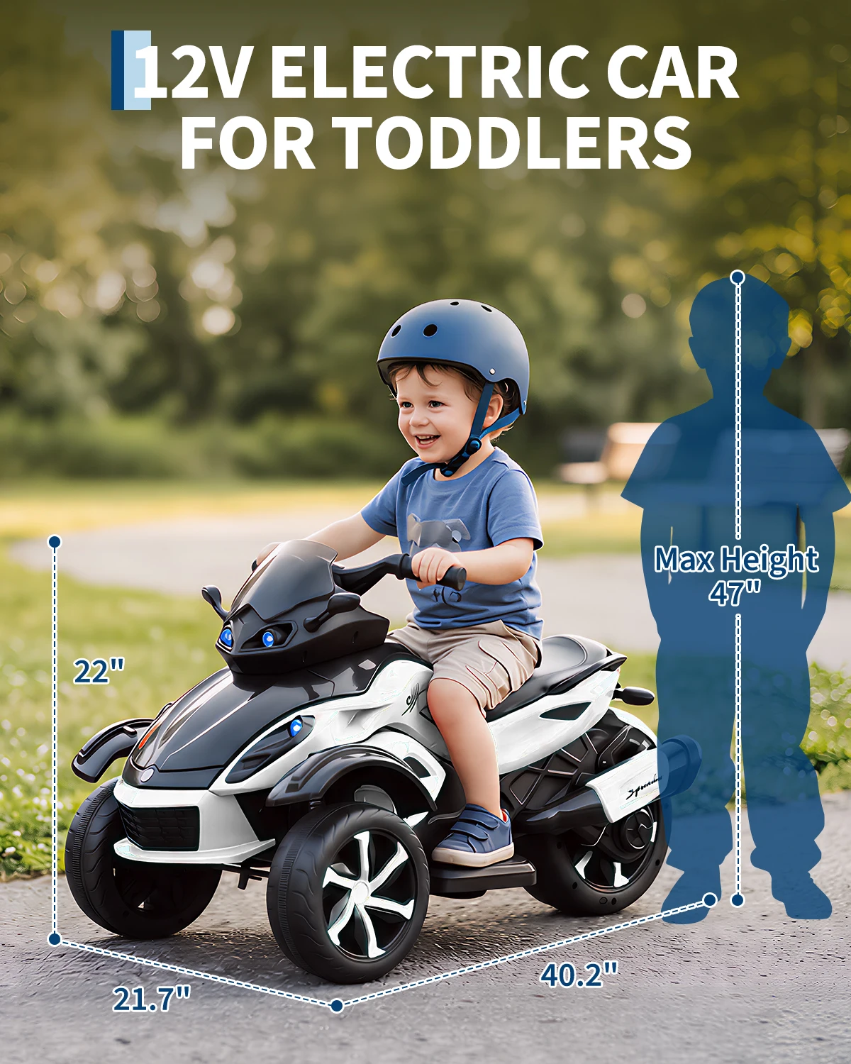 12V Kids Ride-On ATV 3-Wheel Electric Motorcycle, Battery Powered Ride-On Toy, LED Lights & Music, Treaded Tires for Outdoor Off-Road, Ages 3-8