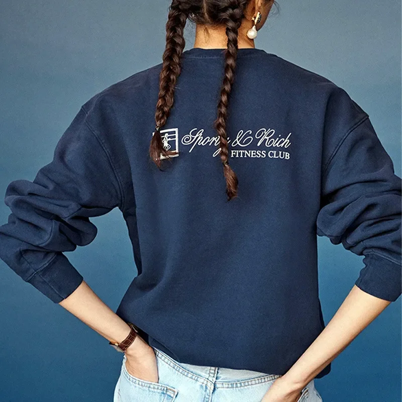 Sporty Make You Health Letters Printing Vintage Oversized Cotton Autumn Pullover For Women 90s Street Fashion Navy Sweatshirts