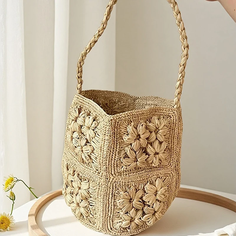 

Bohemian Raffia Woven Floral Hollow Shoulder Bag, Summer Beach Vacation Tote, Women's Fashion Niche Straw Bucket Purse For Daily