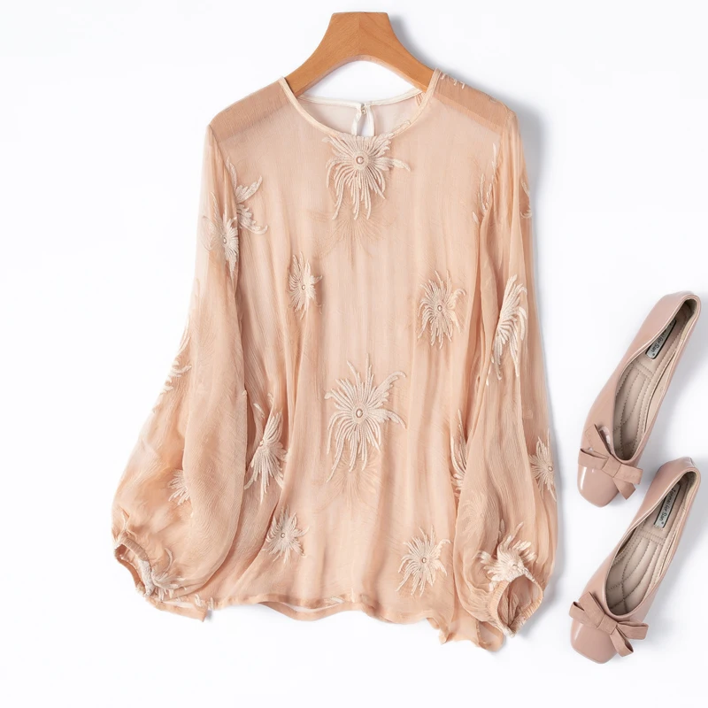 

Women Silk Blouse 100% Mulberry Silk Embroidery Thin Type Transparent Orange Pink Floral Long Sleeve Shirt Top Pullover M1369