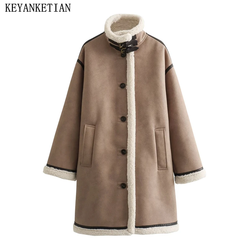 KEYANKETIAN Winter Women's Long Double Faced Fur Coat Street style Single Breasted Thick Warm High Neck Greatcoat Suede Blazer