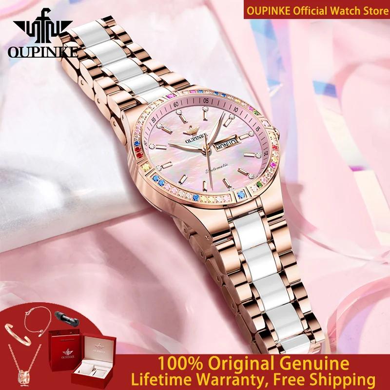 

OUPINKE Полностью автоматические женские механические часы класса люкс с бриллиантовым безелем, керамические, водонепроницаемые, элегантные, с браслетом, набор 3283