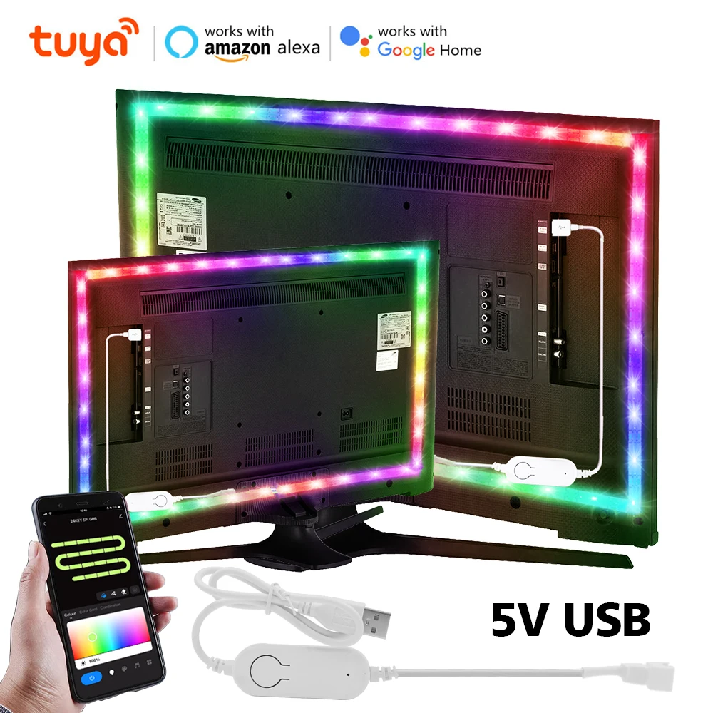 

Светодиодная лента Tuya Wifi WS2812B, RGB 5050, USB, 5 В постоянного тока, индивидуально Адресуемая гибкая лента для подсветки ПК, телевизора, светящееся украшение