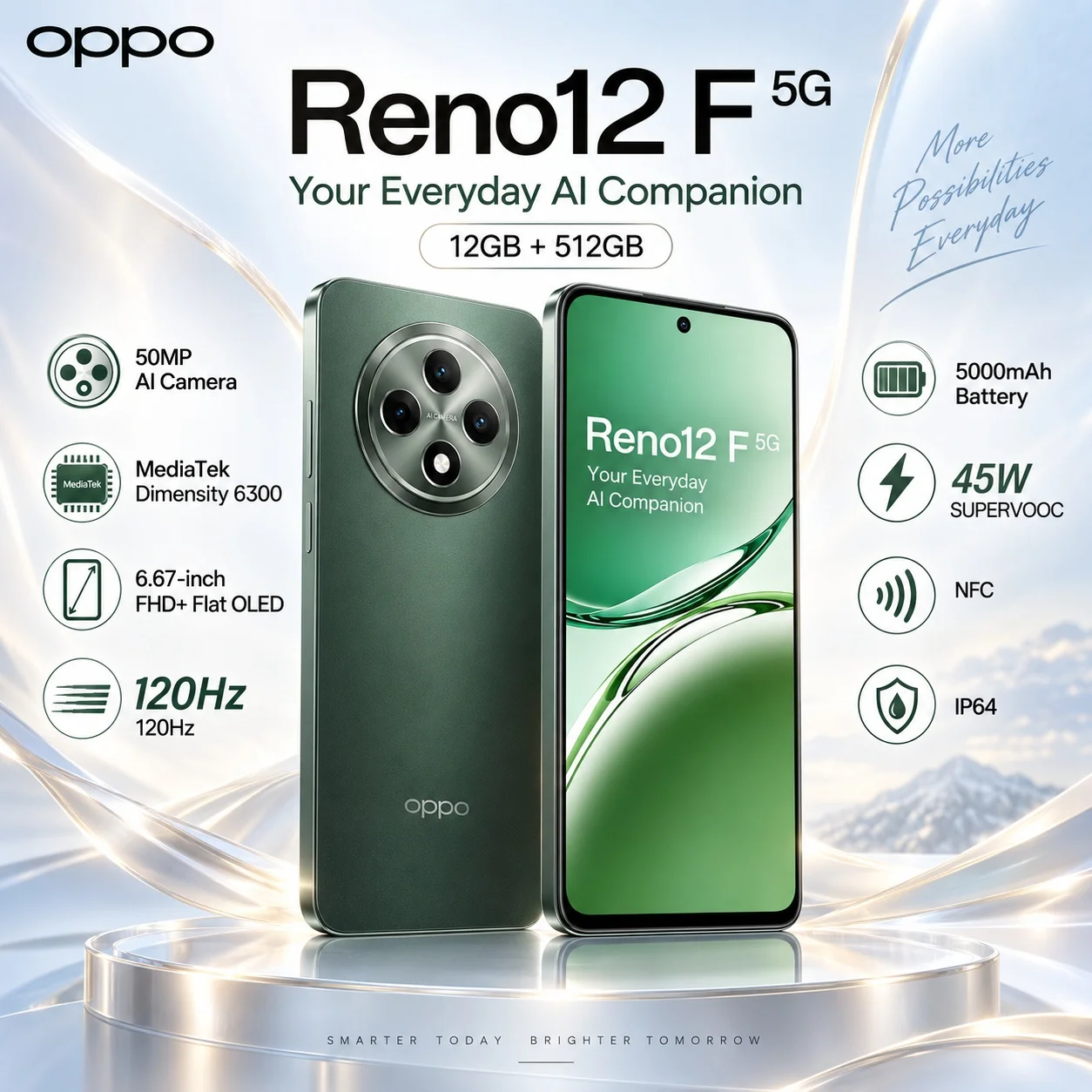 OPPO Reno12 F 5G: 12GB+512GB power, 50MP AI camera, 120Hz OLED, Dimensity 6300, 5000mAh battery, 45W SUPERVOOC for all-day use.