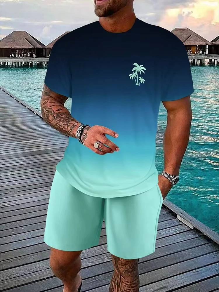 Summer Men's 2 Piece Set Hawaiian Fashion Casual Men's Short Sleeves T-shirt Oversized Beach Men's Shorts Palm Tree Print O-Neck