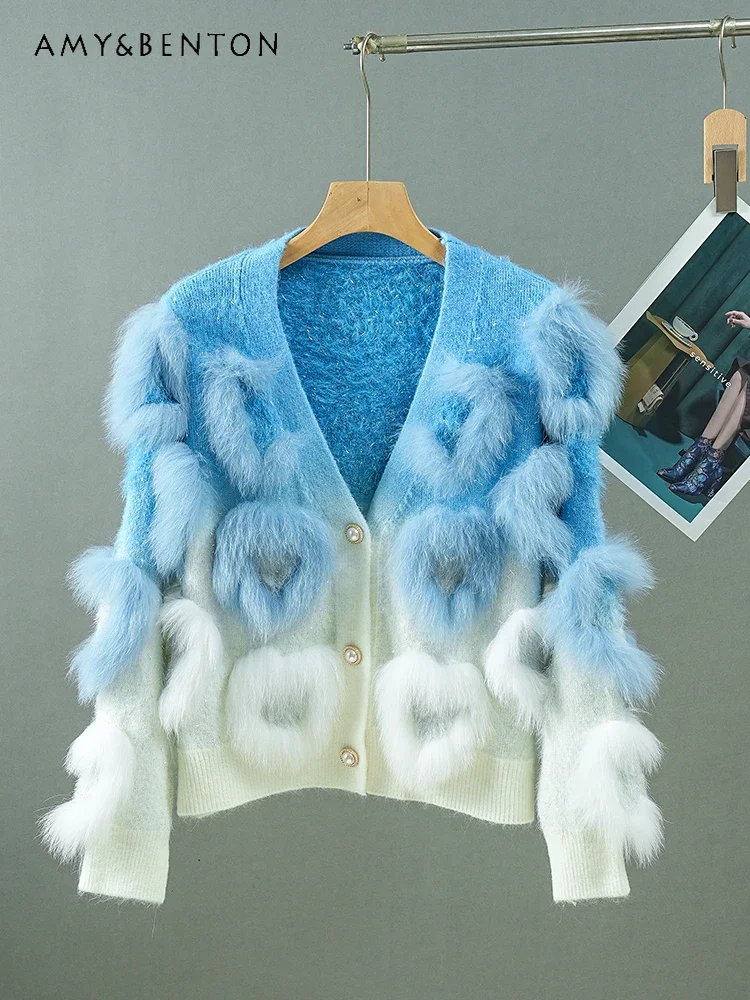 

High End Temperament Socialite Fox Hair Splicing V Neck Knitted Cardigan Women Graceful Fashion Gradient Color Cropped Cardigan