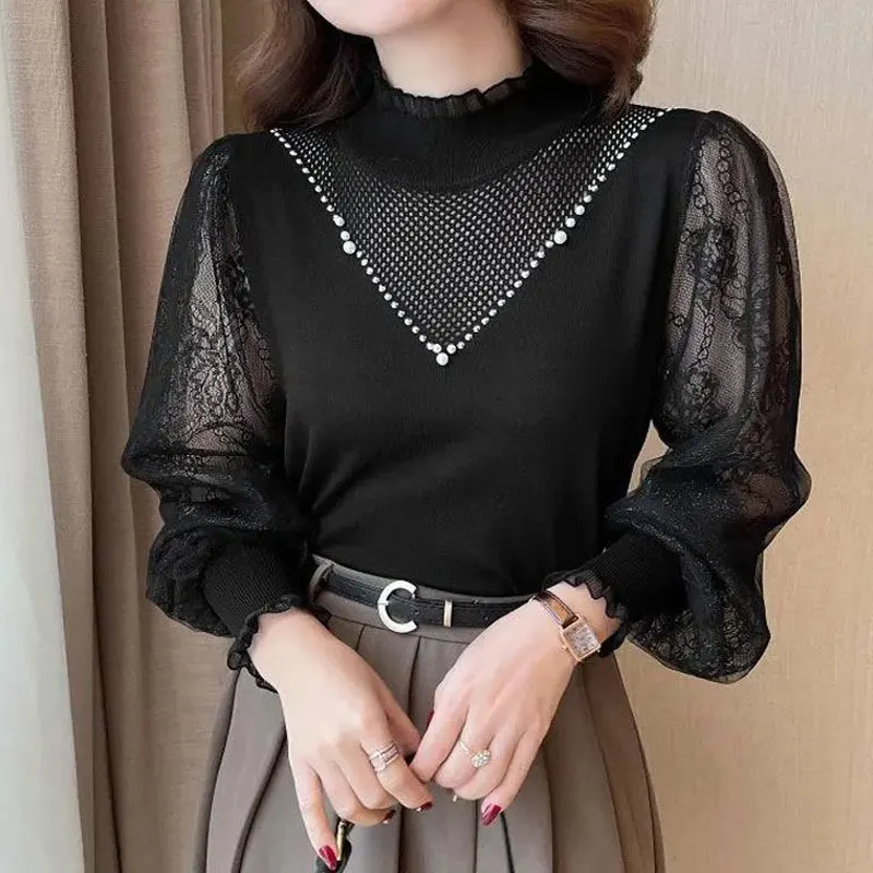 

Elegant Solid Color Long Sleeve Beading Blouse Female Clothing Gauze Lace Stylish Spring Autumn Spliced Half High Collar Shirt