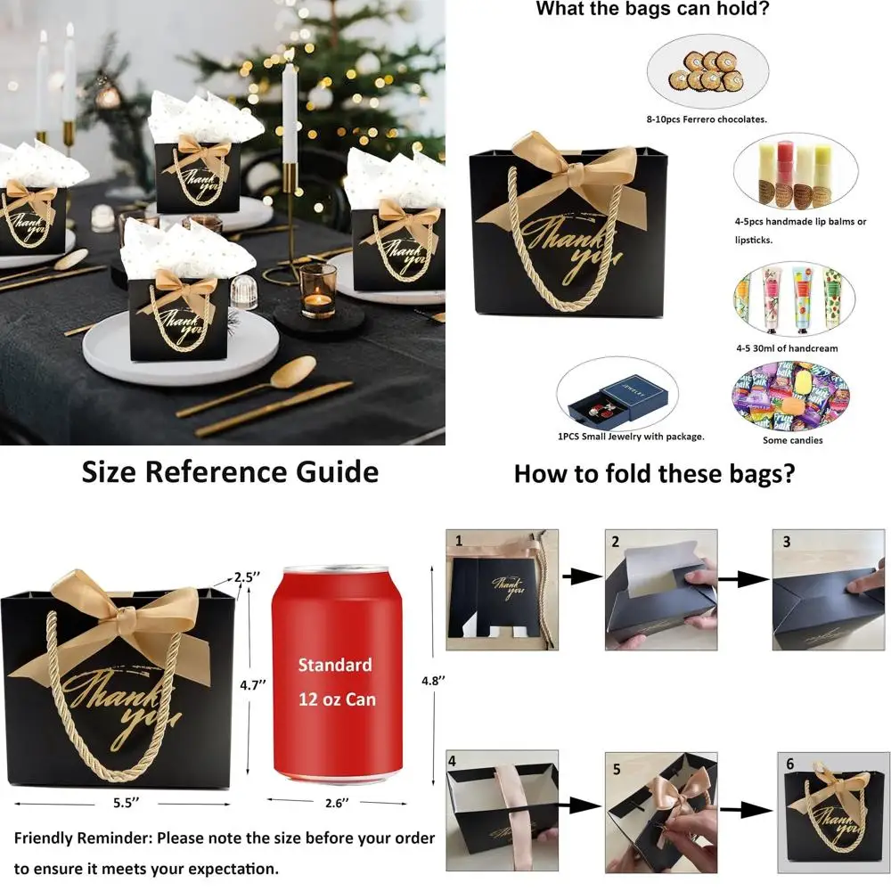 

100 Pack Miniature Black Gift Bags with Handles for Baby Showers, Birthdays, Weddings, and Party Favors