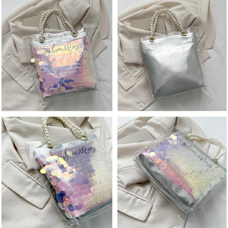 PVC Transparent Laser Tote Bags with Pearl Top Handle for Women 2024 Trend Sparkly Sequins Bucket Bags Shoulder Messenger Purse