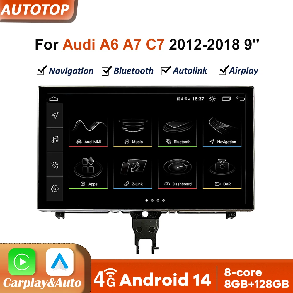 Autoradio Android 14 da 9'' con Carplay per Audi A6 C7 A7 2012-2018, Schermo Touch, Stereo GPS, Navigatore 4G, 8+128GB