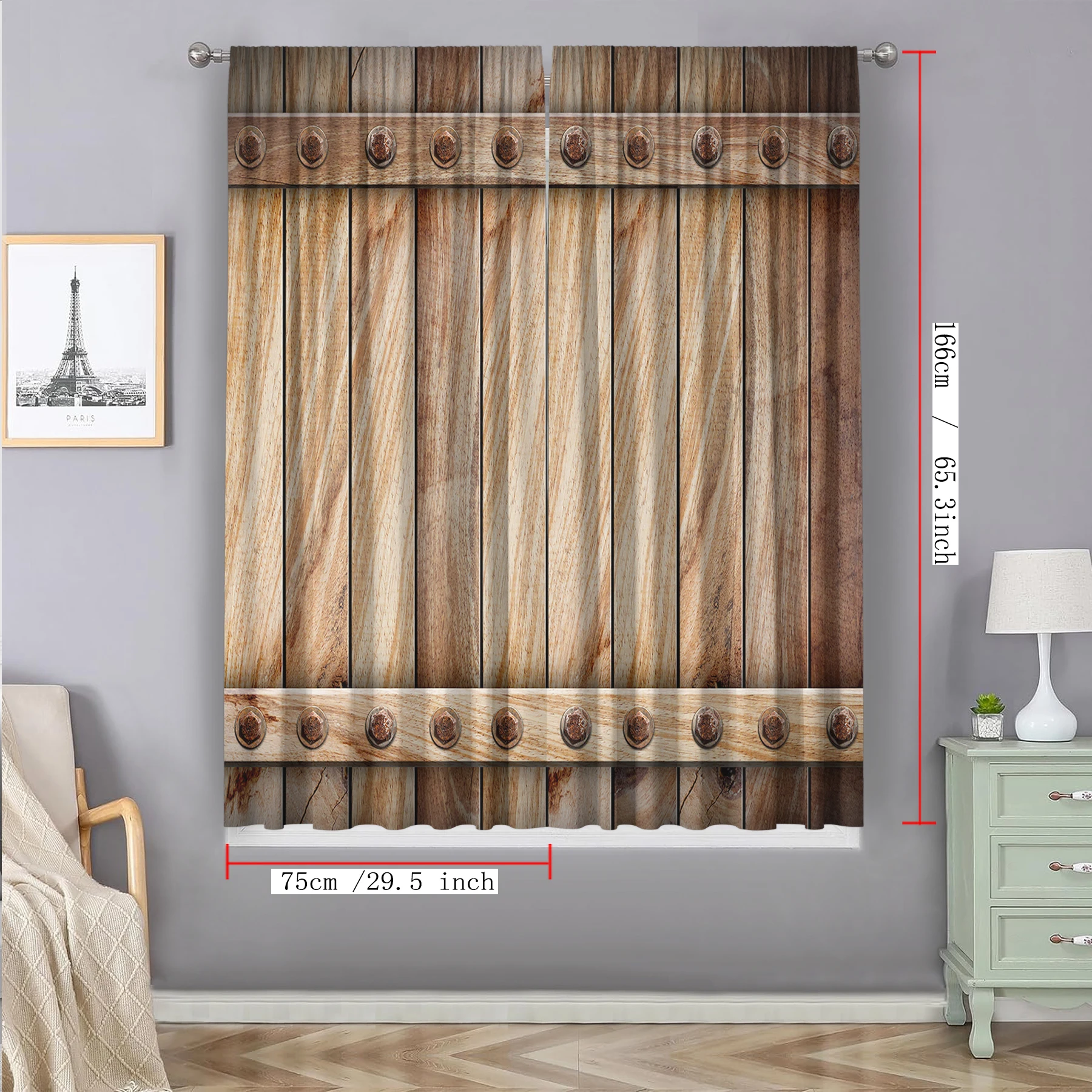 2PC Home Decoration Curtains, Brown Wooden Doors With Pole Pocket Curtains, Kitchen, Coffee Shop, Living Room, Balcony, Garden