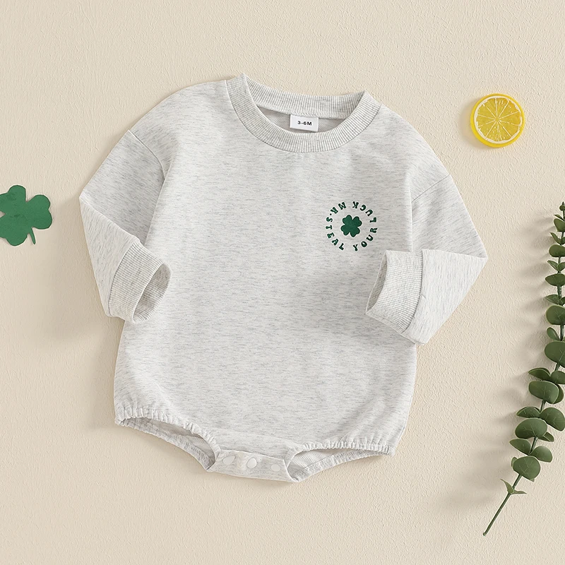 Baby Boy Sweatshirt Romper Casual Irish Day Letter Clover Print Long Sleeve Jumpsuit for Infant Toddler Fall Outfit