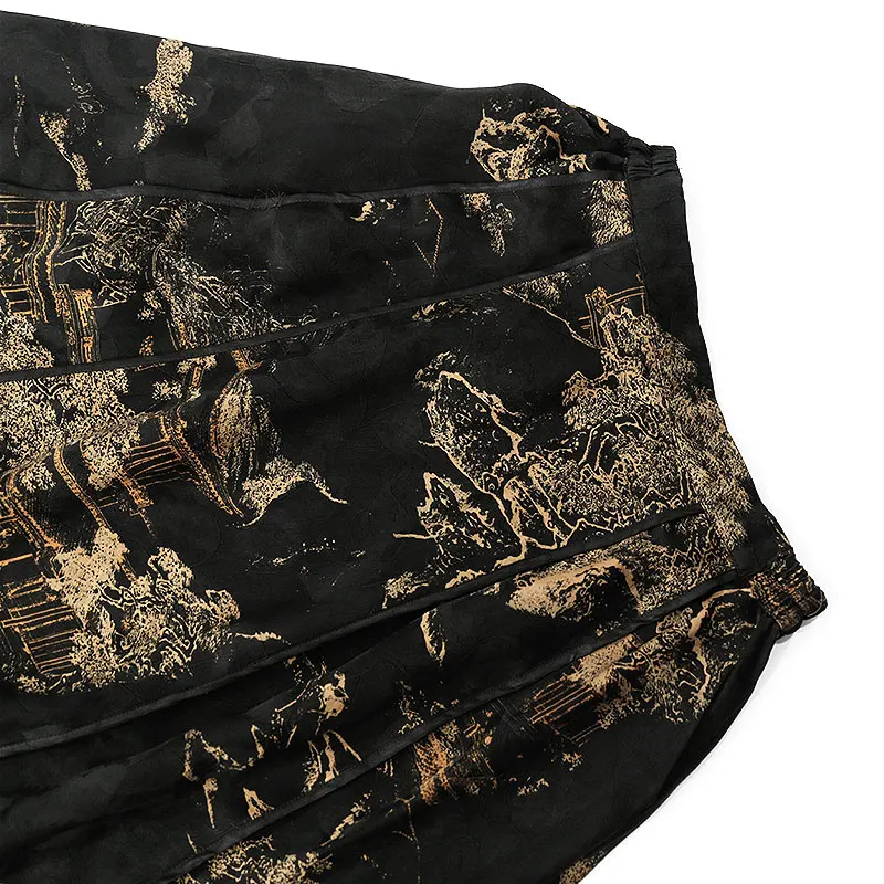 Heavy 100% Natural Mulberry Silk Fragrant Cloud Yarn Black Gold Pavilion and Tower Printed Women's Fashionable Big Swing Skirt