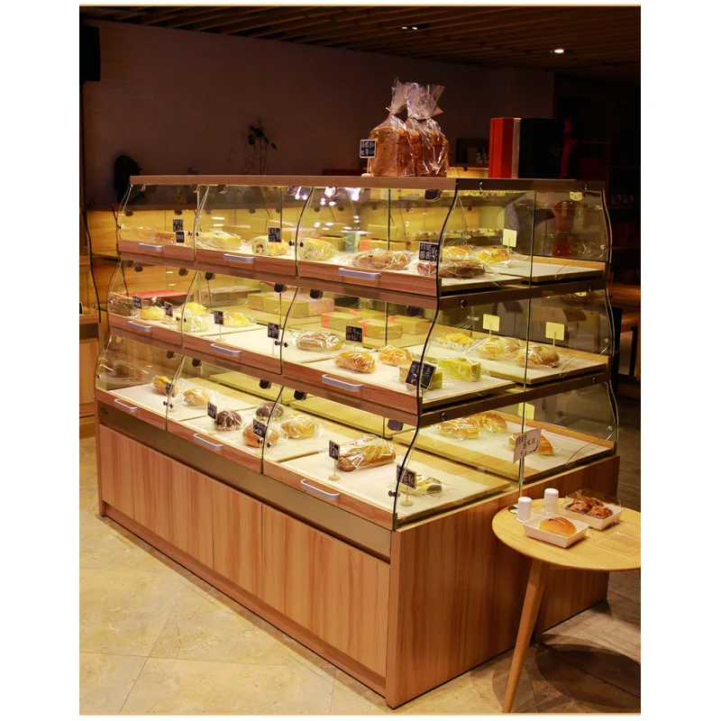 custom.Runse High-End Wooden Bakery Display Cabinet High Quality Retail Counter Bread Food Showcases