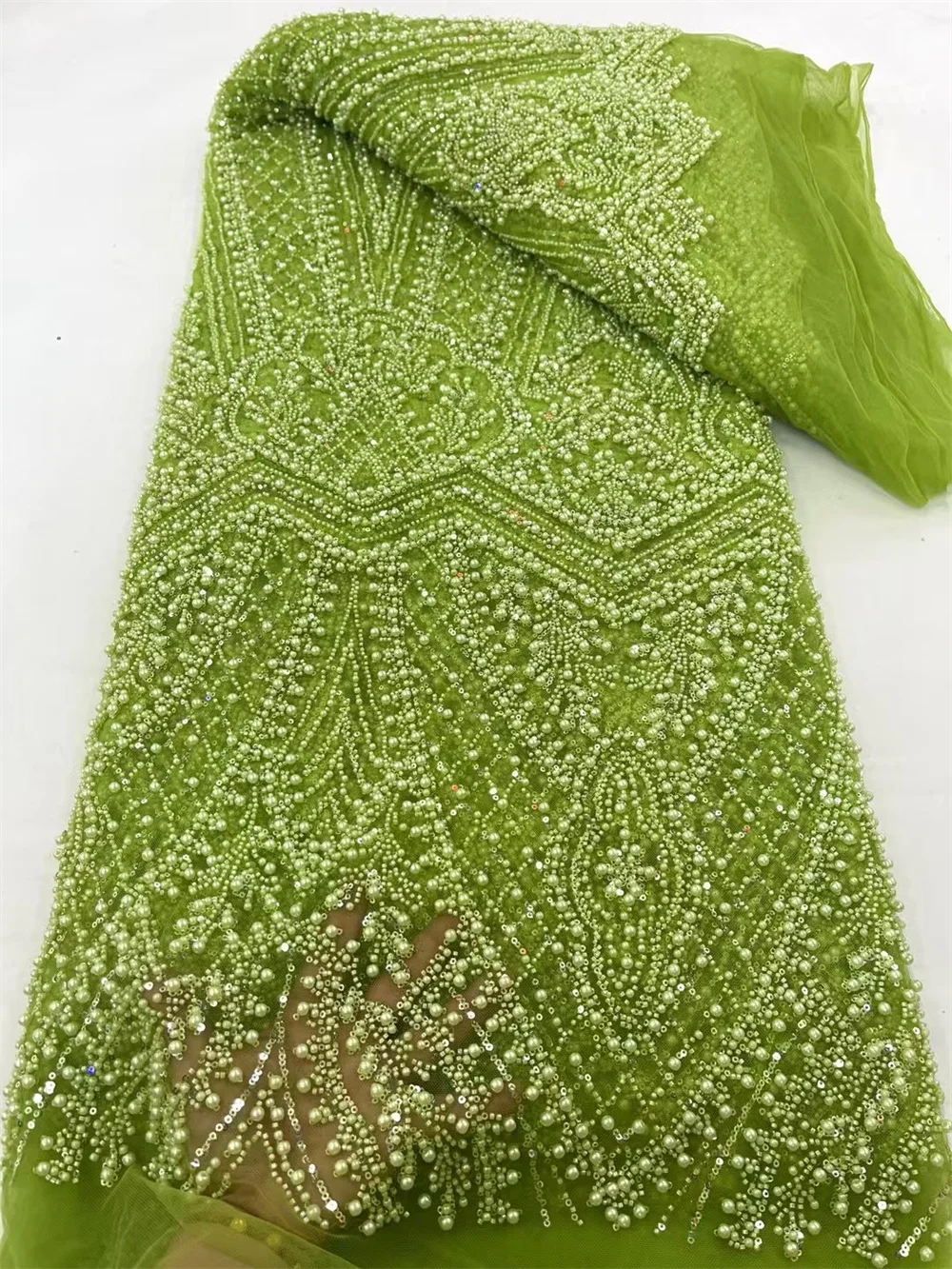 Nigerian Green Lace Fabric Africa Lace Fabric 5 Yards High Quality 2024 Luxury Bead Lace Fabric For Wedding Evening Dress A695-1