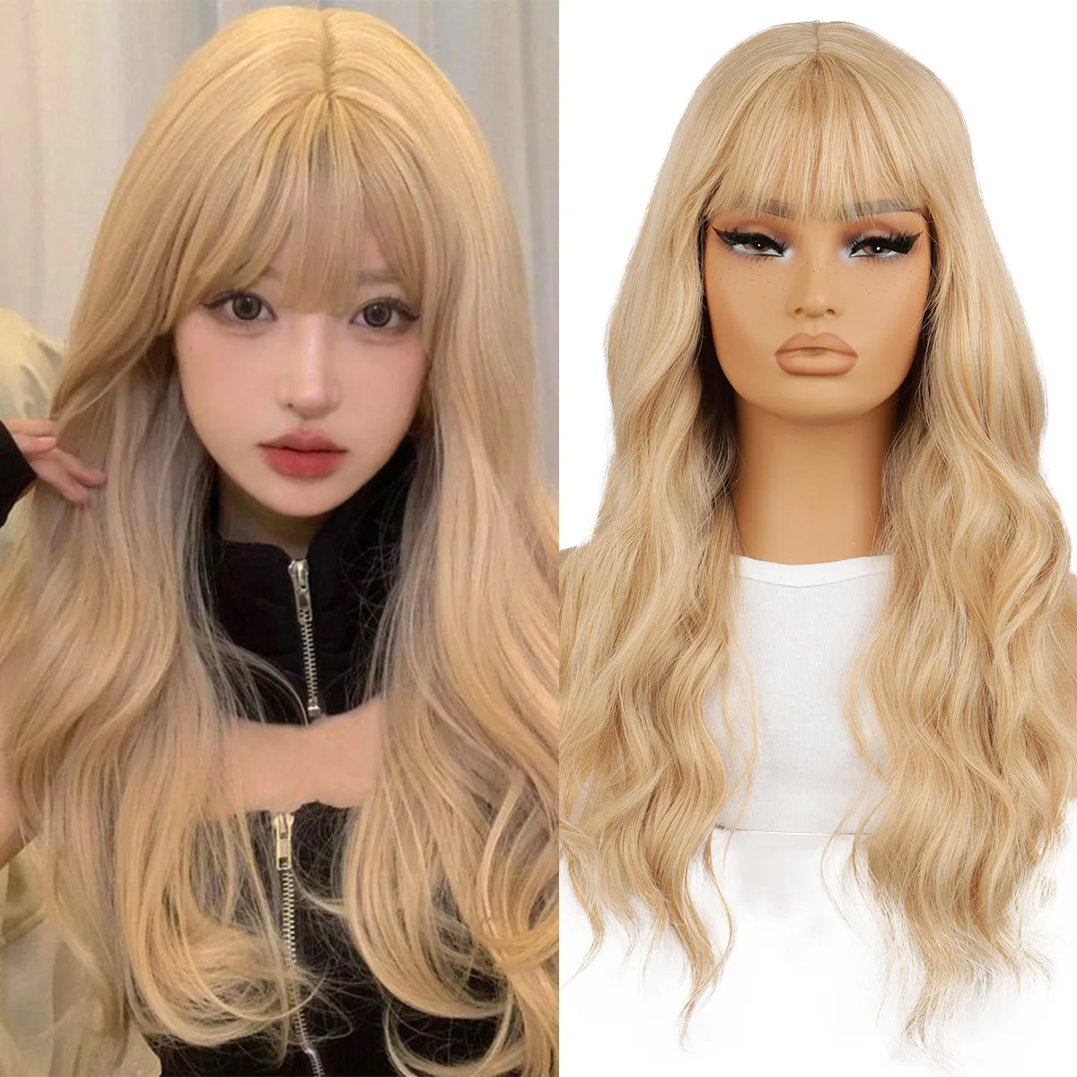

Golden brown highlights Qi bangs long curly hair 28inch wig female chemical fiber full headgear