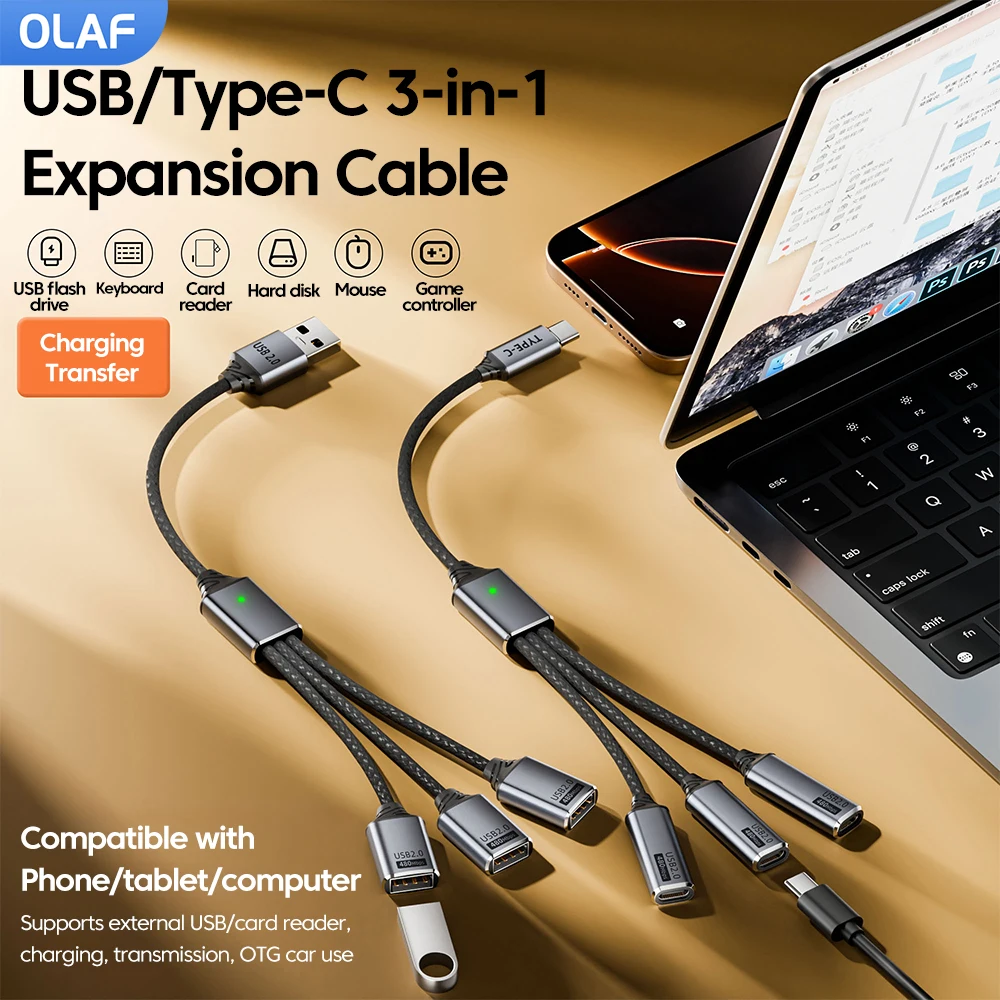 3 in 1 USB Type C Splitter HUB Expansion Cable Multi Port USB Expander Data Transmission High Speed OTG Adapter For Phone Tablet