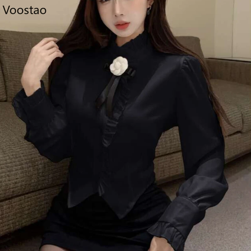 France Sweet White Shirt Women Elegant Floral Bow Long Sleeve Slim Blouses Office Lady Korean Fashion Black Shirts Female Tops