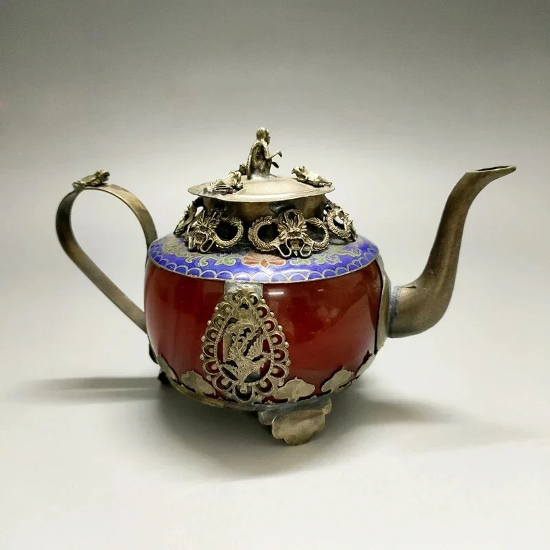 Exquisite Chinese Collectible Decorated Classical Handmade Red Agate Jade Inlaid with Tibetan Silver Dragon Monkey Lid Teapot