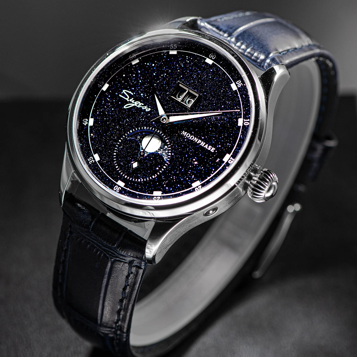 Sugess Moonphase Watch of Men 40mm Automatic Mechanical Wristwatches Origin ST2528 Movement Stainless Steel Blue Sandstone Dials