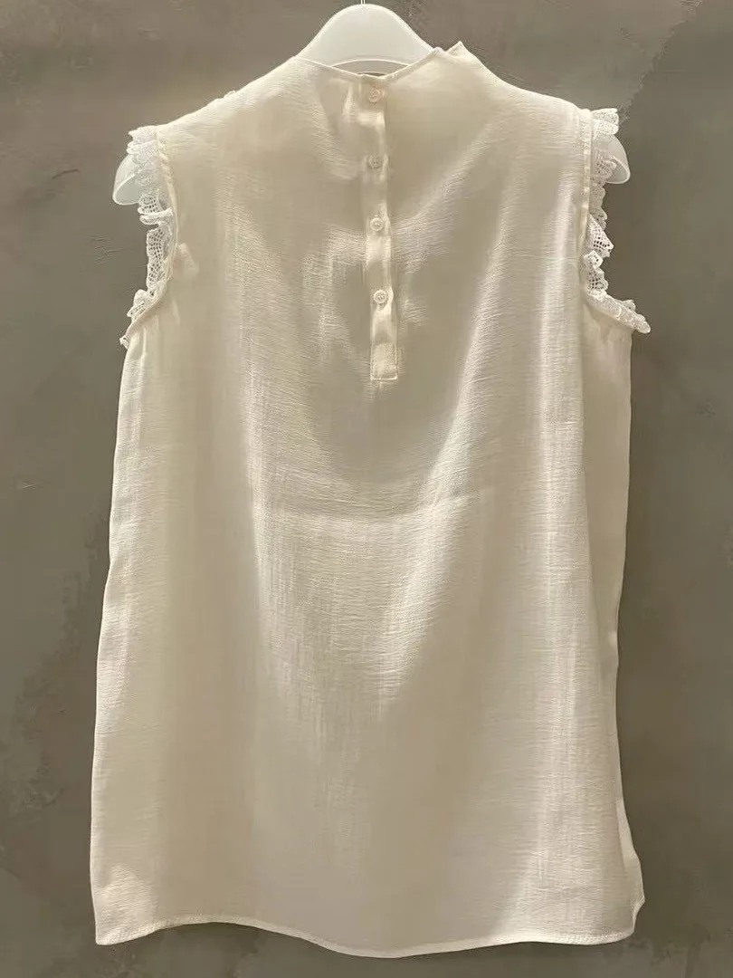 Ele Loose Lace Trim  Knot Belted irt Vest Women's Summer New Sle Casual Svel Top in Pure Color