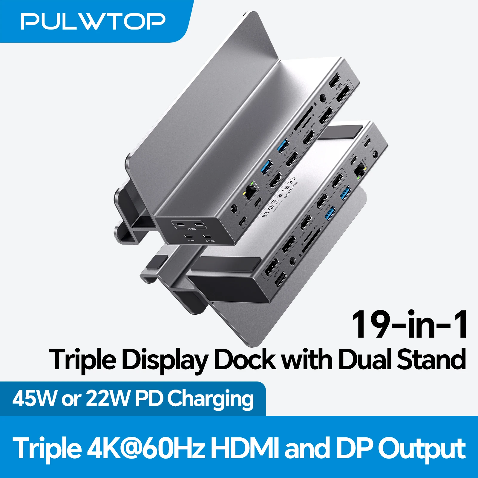 PULWTOP Triple Monitor Display Docking Station, 4K Dual Stand with 3 HDMI, 2 DP, 45W PD, USB for MacBookM1/M2/M3/M4/M5/Windows