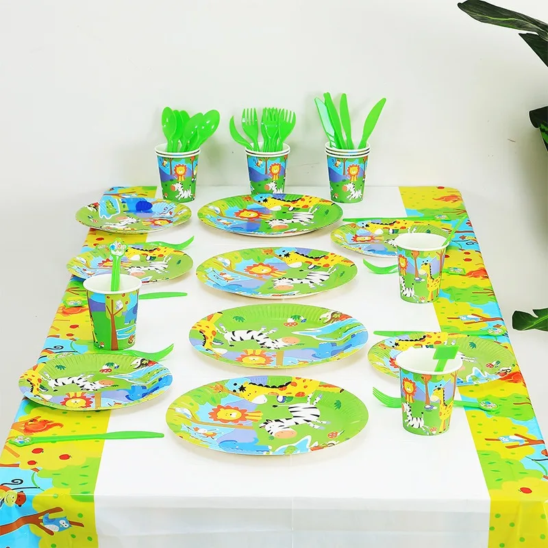 10Guests Cartoon Animal Birthday Party Disposable Tableware Animal Plates Cups Kids Favor Safari Jungle Animal Birthday Supplies