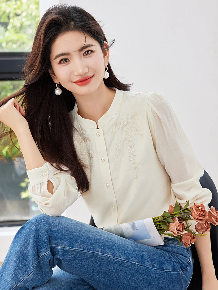 Women\'s 2024 Autumn New Chinese Style Embroidered Long Sleeve Blouses Fashion Commuting Shirts Elegant Tops