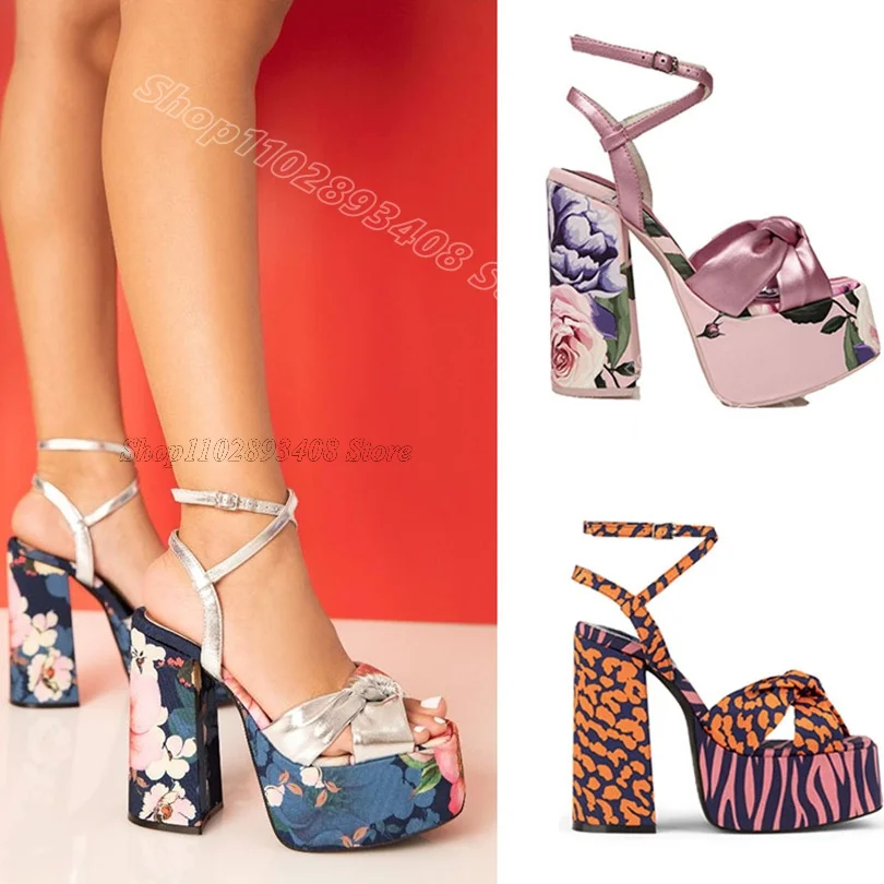 

Flower Print Platform Sandals Ankle Buckle Chunky Heels Square Toe Dance British Style for Women Shoes 2024 Zapatos Para Mujere