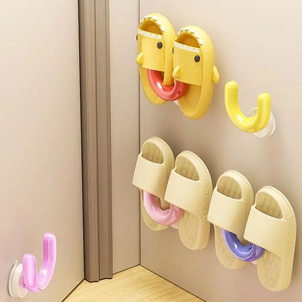 

2Pcs Plastic Suction Cup Slipper Storage Rack Punch Free Wall Mounted Shoe Wall Hook Space Saving U Slipper Rack Living Room