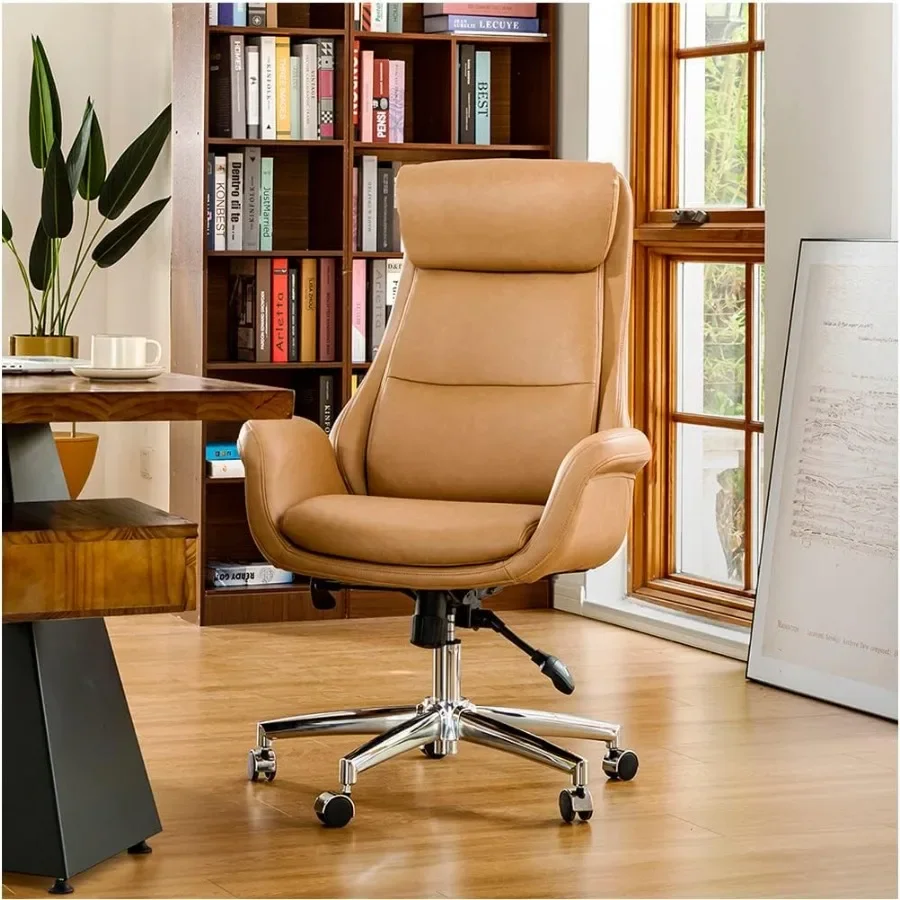 Modern high-back PU leather office chair for computer desks, camel color with lumbar support, adjustable height and swivel func view 3