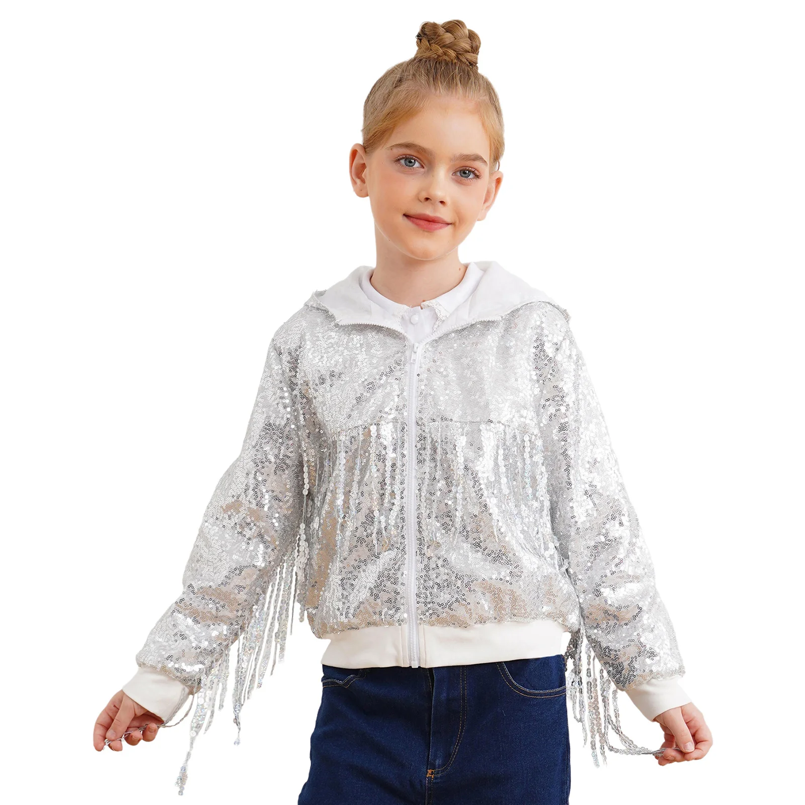 

Kids Girls Sparkly Tassels Sequins Hooded Jacket Coat Long Sleeve Zipper Fringe Outerwear for Dance Birthday Party Streetwear