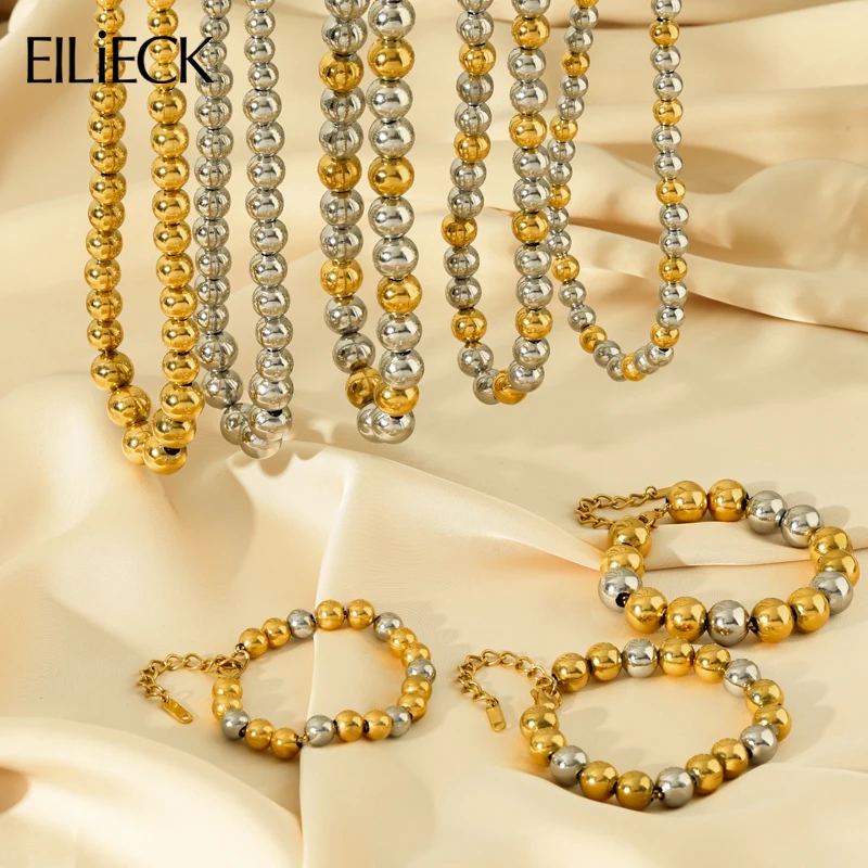 EILIECK 316L Stainless Steel Solid Beaded Necklace Bracelet For Women Girl Fashion New Party Gift 2-Color Waterproof Jewelry Set