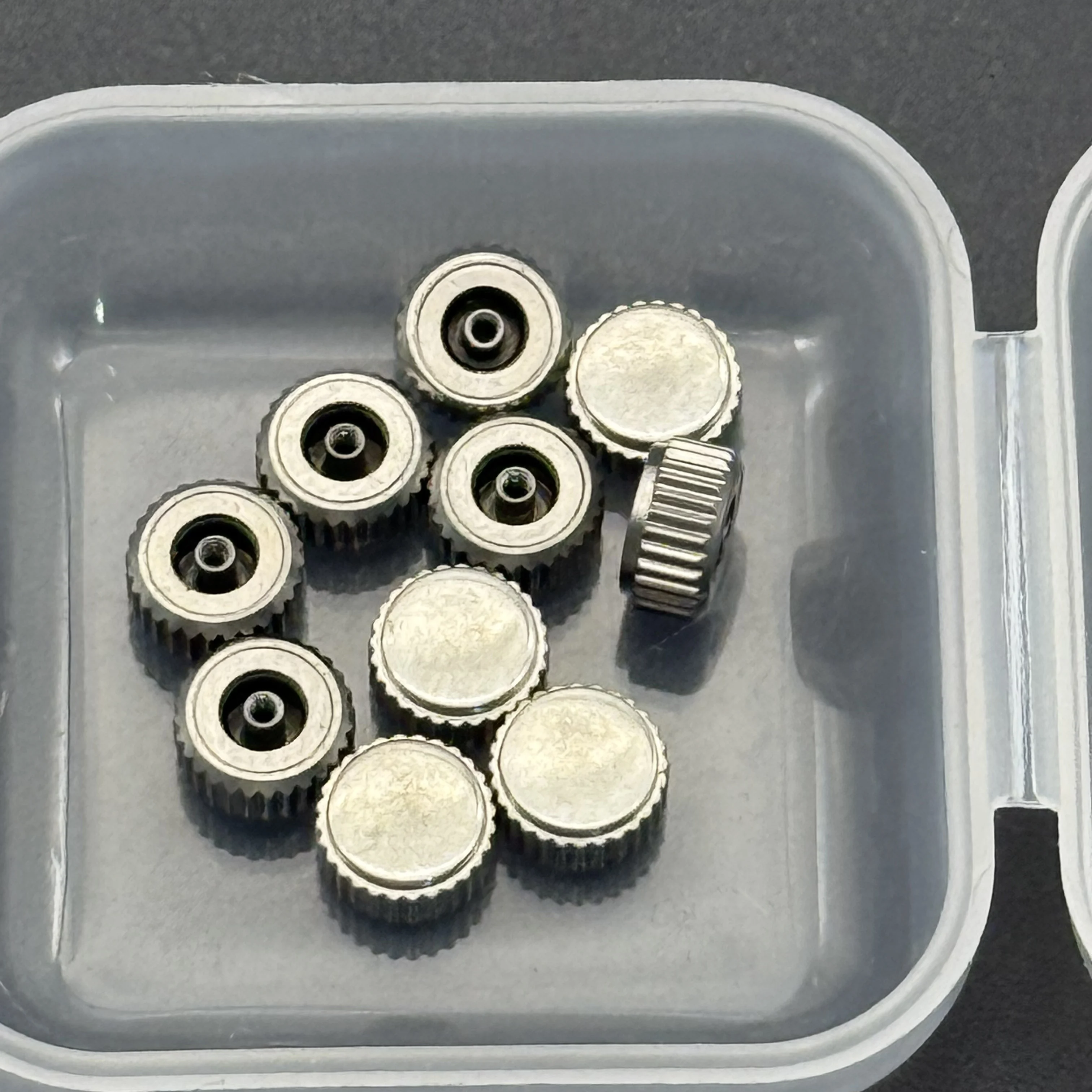5 uds/mucho corona de reloj de acero de Color plateado de tubo plano 3,0mm 3,5mm 4,5mm 5mm 5,5mm 6mm 6,5mm 7mm 8mm de diámetro de cabeza