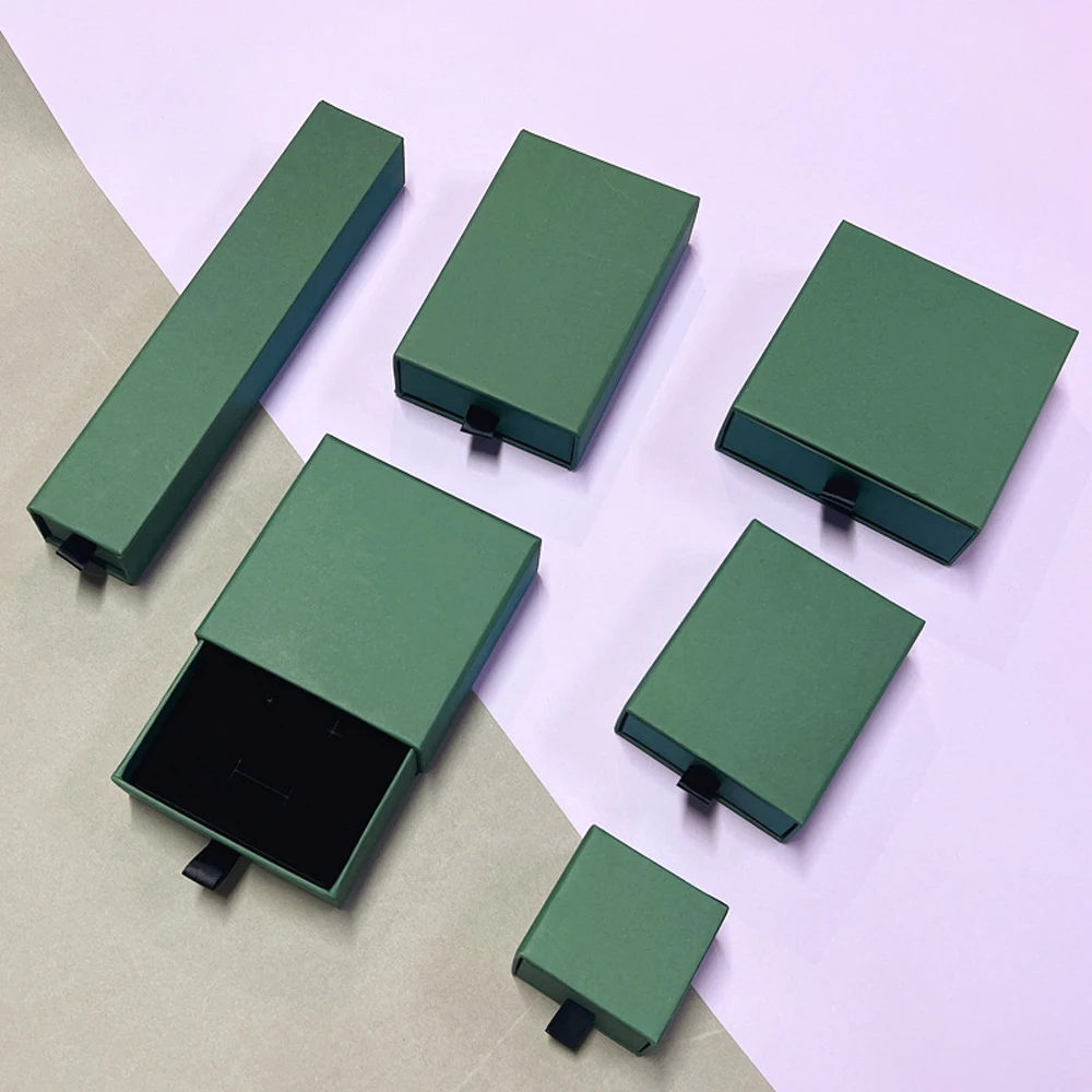 12pcs Green Cardboard Jewelry Drawer Gift Box Ring Necklace Bracelet Earring Packaging Organizer Boxes Case with Black Sponge