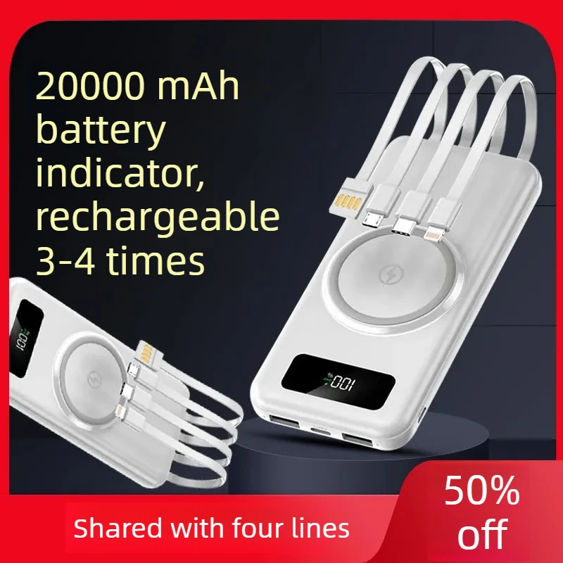 5V 20000mAh Portable Wireless Power Bank with Built-in 4-in-1 Cable for iPhone Huawei Android Fast Charging Mobile Power
